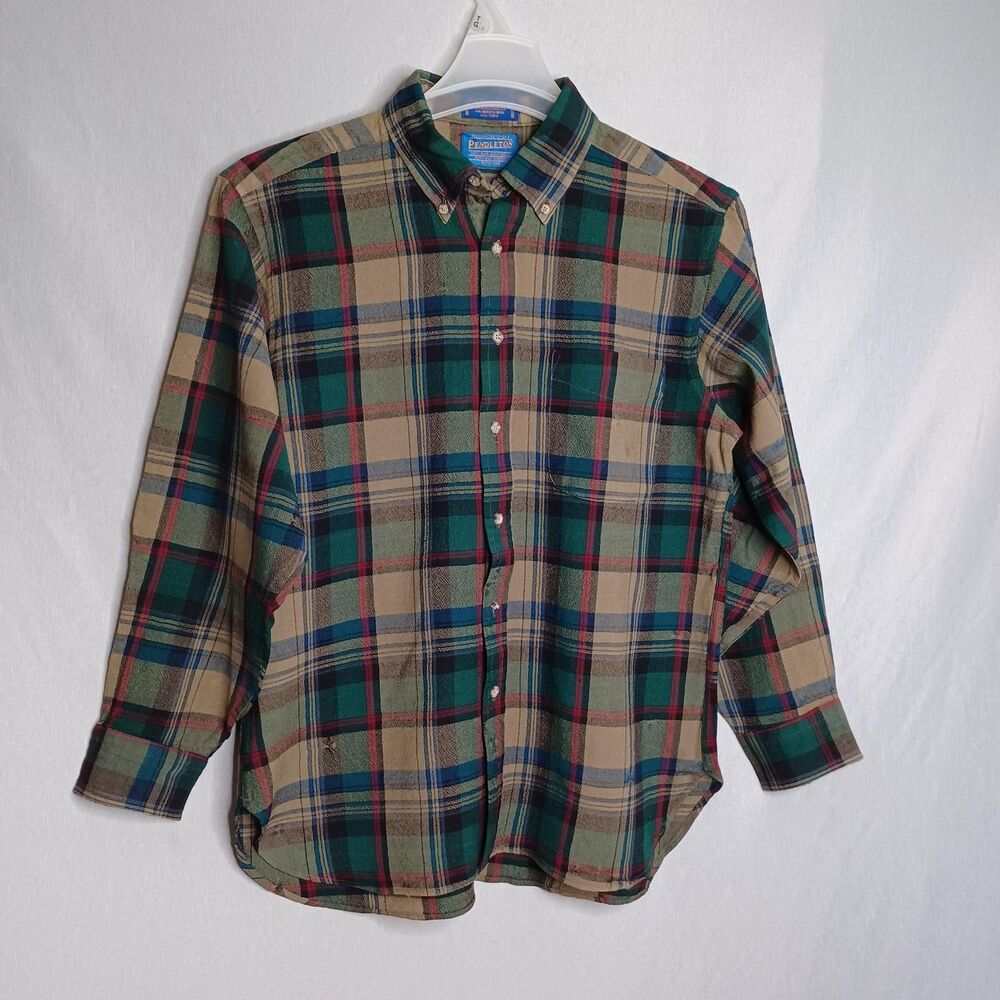 Pendleton Shirt Mens Large Plaid Wool Button Up Green Tan Sir Pendleton (Flaws)